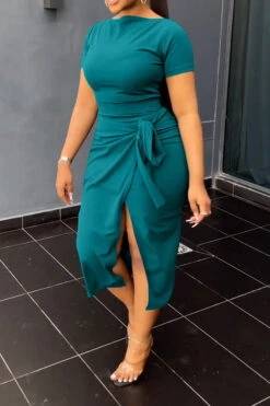 Solid Color Commuting Lace-Up High Split Dress Suit -Prettytina C23030730 AG 3