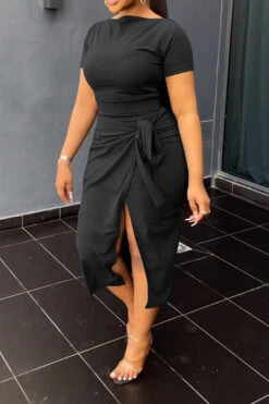 Solid Color Commuting Lace-Up High Split Dress Suit -Prettytina C23030730 BK 2