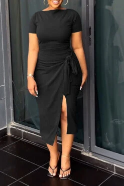 Solid Color Commuting Lace-Up High Split Dress Suit -Prettytina C23030730 BK 3