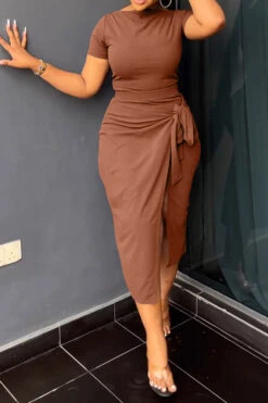 Solid Color Commuting Lace-Up High Split Dress Suit -Prettytina C23030730 BR 1