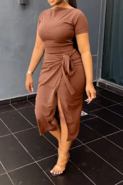 Solid Color Commuting Lace-Up High Split Dress Suit -Prettytina C23030730 BR 2