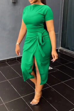 Solid Color Commuting Lace-Up High Split Dress Suit -Prettytina C23030730 LG 2