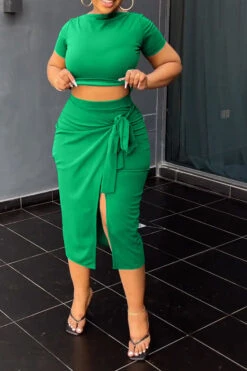 Solid Color Commuting Lace-Up High Split Dress Suit -Prettytina C23030730 LG 4