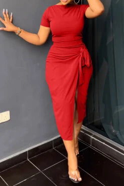 Solid Color Commuting Lace-Up High Split Dress Suit