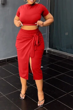 Solid Color Commuting Lace-Up High Split Dress Suit -Prettytina C23030730 RE 4