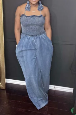 Strap Shirred Smart Denim Wide Leg Jumpsuit