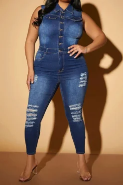Ripped Classic Button Down Denim Jumpsuit -Prettytina C23030739 BL 3