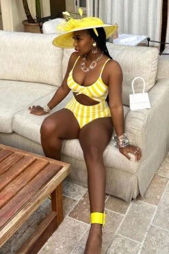 Color Block Striped Smart Cutout One Piece Swimwear 8 Color Block Striped Smart Cutout One Piece Swimwear -Prettytina C23030745 YE 3