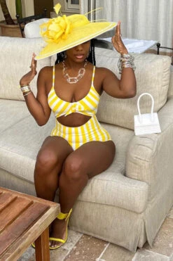 Color Block Striped Smart Cutout One Piece Swimwear 9 Color Block Striped Smart Cutout One Piece Swimwear -Prettytina C23030745 YE 4