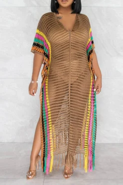 Color Block Crochet Beachy Side Split Tassel Hem Beachwear -Prettytina C23030746 BR 2 bc50c4e0 ac70 4e8b 940a 2900a39287bc