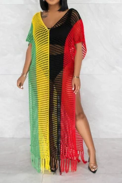 Color Block Crochet Beachy Side Split Tassel Hem Beachwear -Prettytina C23030746 RT 1 2b13d7e6 7c02 41b8 873c 66e8a7bf165d