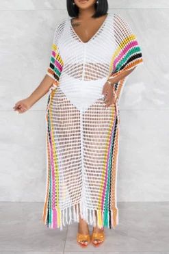 Color Block Crochet Beachy Side Split Tassel Hem Beachwear