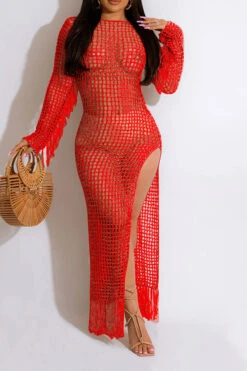 Knitted Hollow-Out Beachy Side Split Tassel Beachwear -Prettytina C23030748 RE 1