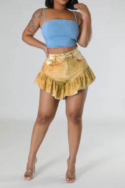 Solid Color Cute Ruffle Denim Shorts -Prettytina C23031053 YE 1 0307eed4 4847 408e 92eb 7d83bd5791dc