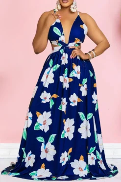 Flower Print Romantic Cutout Strappy Back Maxi Dress