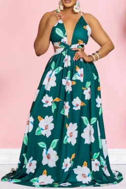 Flower Print Romantic Cutout Strappy Back Maxi Dress -Prettytina C23031056 GR 1