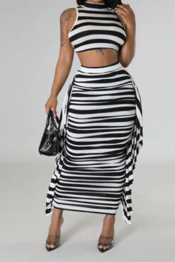 Striped Cute Tie Back Side Ruffle Dress Suit -Prettytina C23031066 BK 1