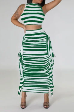 Striped Cute Tie Back Side Ruffle Dress Suit