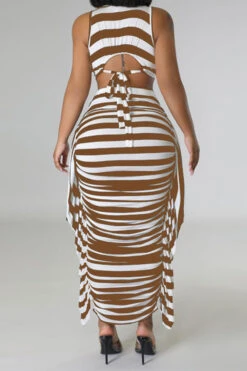 Striped Cute Tie Back Side Ruffle Dress Suit -Prettytina C23031066 KH 2