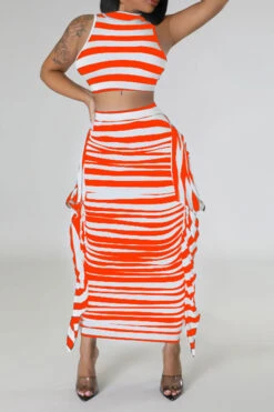 Striped Cute Tie Back Side Ruffle Dress Suit -Prettytina C23031066 OR 1