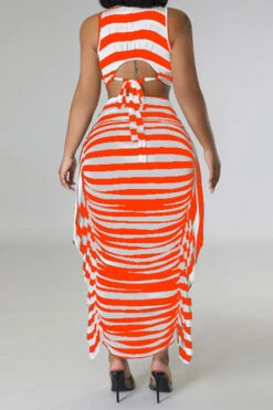 Striped Cute Tie Back Side Ruffle Dress Suit -Prettytina C23031066 OR 2