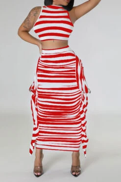 Striped Cute Tie Back Side Ruffle Dress Suit -Prettytina C23031066 RE 1
