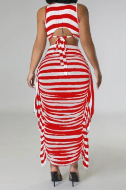 Striped Cute Tie Back Side Ruffle Dress Suit -Prettytina C23031066 RE 2