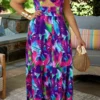 Feather Print Colorful Tiered Ruffle Maxi Dress