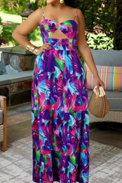 Feather Print Colorful Tiered Ruffle Maxi Dress