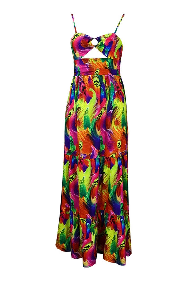 Feather Print Colorful Tiered Ruffle Maxi Dress 3 Feather Print Colorful Tiered Ruffle Maxi Dress - Image 3