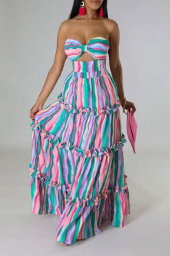 Rainbow Stripe Flattering Tiered Ruffle Dress Suit -Prettytina C23031078 PI 3