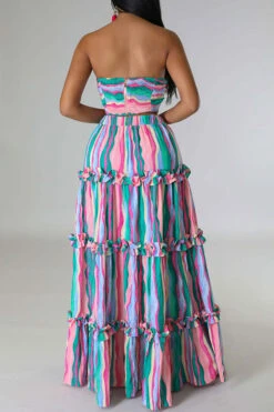 Rainbow Stripe Flattering Tiered Ruffle Dress Suit -Prettytina C23031078 PI 4