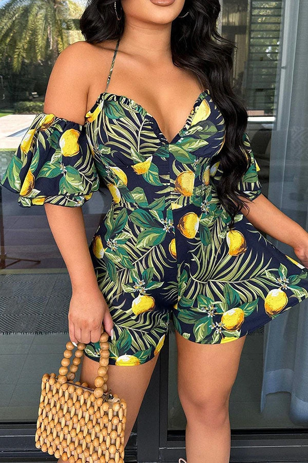 Floral Print Tropical Halter Collar Ruffle Romper 1 Floral Print Tropical Halter Collar Ruffle Romper