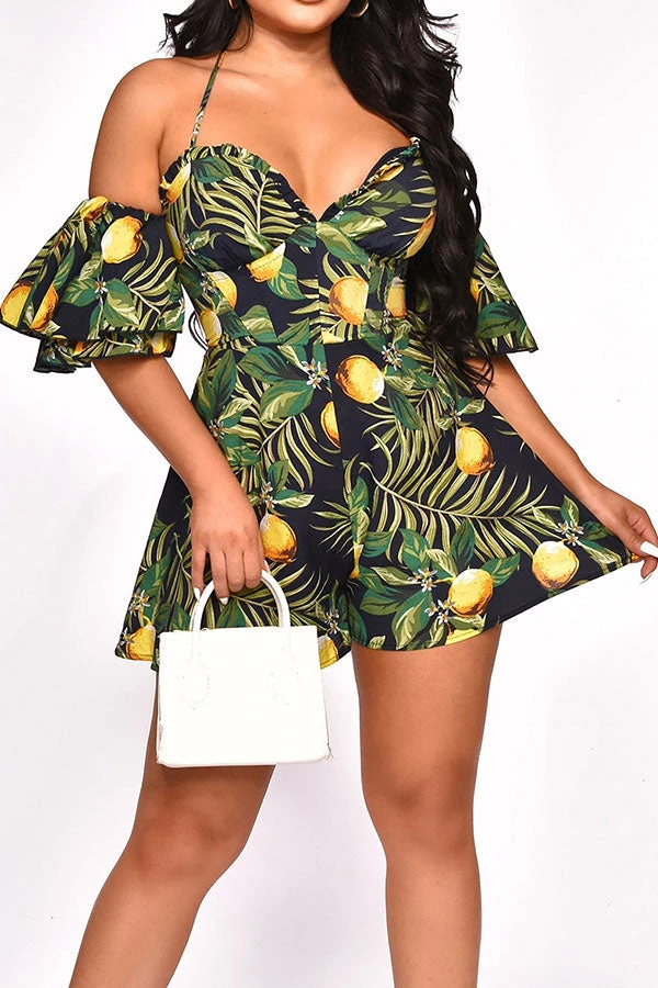 Floral Print Tropical Halter Collar Ruffle Romper 2 Floral Print Tropical Halter Collar Ruffle Romper - Image 2