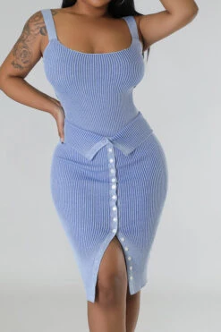 Ribbed Simple Button Design Dress Suit 15 Ribbed Simple Button Design Dress Suit -Prettytina C23031099 BL 1