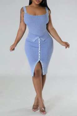 Ribbed Simple Button Design Dress Suit 16 Ribbed Simple Button Design Dress Suit -Prettytina C23031099 BL 2