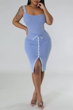 Ribbed Simple Button Design Dress Suit 17 Ribbed Simple Button Design Dress Suit -Prettytina C23031099 BL 3