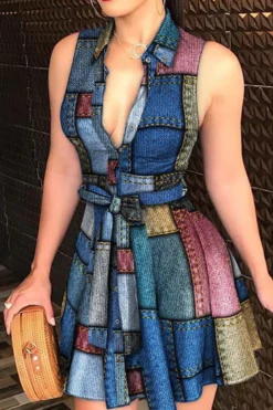 Floral Print Urban Belted Pleated Mini Dress -Prettytina C23031618 R1 1