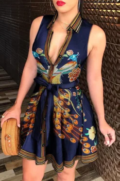 Floral Print Urban Belted Pleated Mini Dress -Prettytina C23031618 R2 1