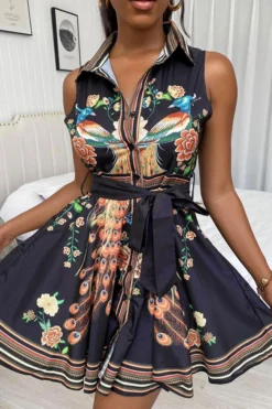 Floral Print Urban Belted Pleated Mini Dress -Prettytina C23031618 R2 3