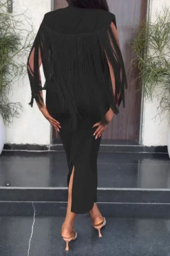 Solid Color Unique Tassel Shawl Design Midi Dress -Prettytina C23031621 BK 2