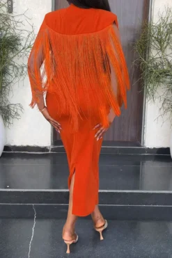 Solid Color Unique Tassel Shawl Design Midi Dress -Prettytina C23031621 OR 2