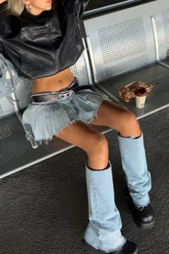 Solid Color Preppy Pleated Denim Skirt -Prettytina C23031647 BL 4