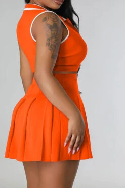 Solid Color Sporty Pleated Dress Suit -Prettytina C23031675 OR 3