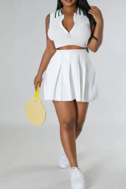 Solid Color Sporty Pleated Dress Suit -Prettytina C23031675 WH 1