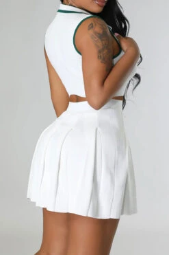 Solid Color Sporty Pleated Dress Suit -Prettytina C23031675 WH 2