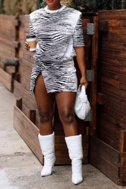 Zebra Print Casual Irregular Split Mini Dress -Prettytina C23031676 WH 1