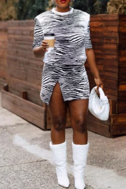 Zebra Print Casual Irregular Split Mini Dress -Prettytina C23031676 WH 2