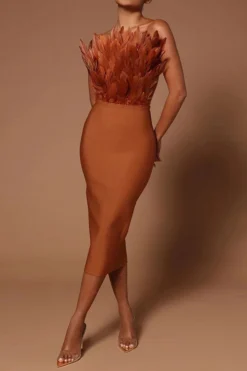 Feather Design Glamorous Bandeau Midi Dress -Prettytina C23031677 BR 1