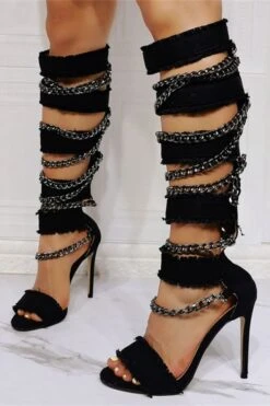 Chain Decor Cool Bandage Denim Sandals -Prettytina C23031709 BK 3